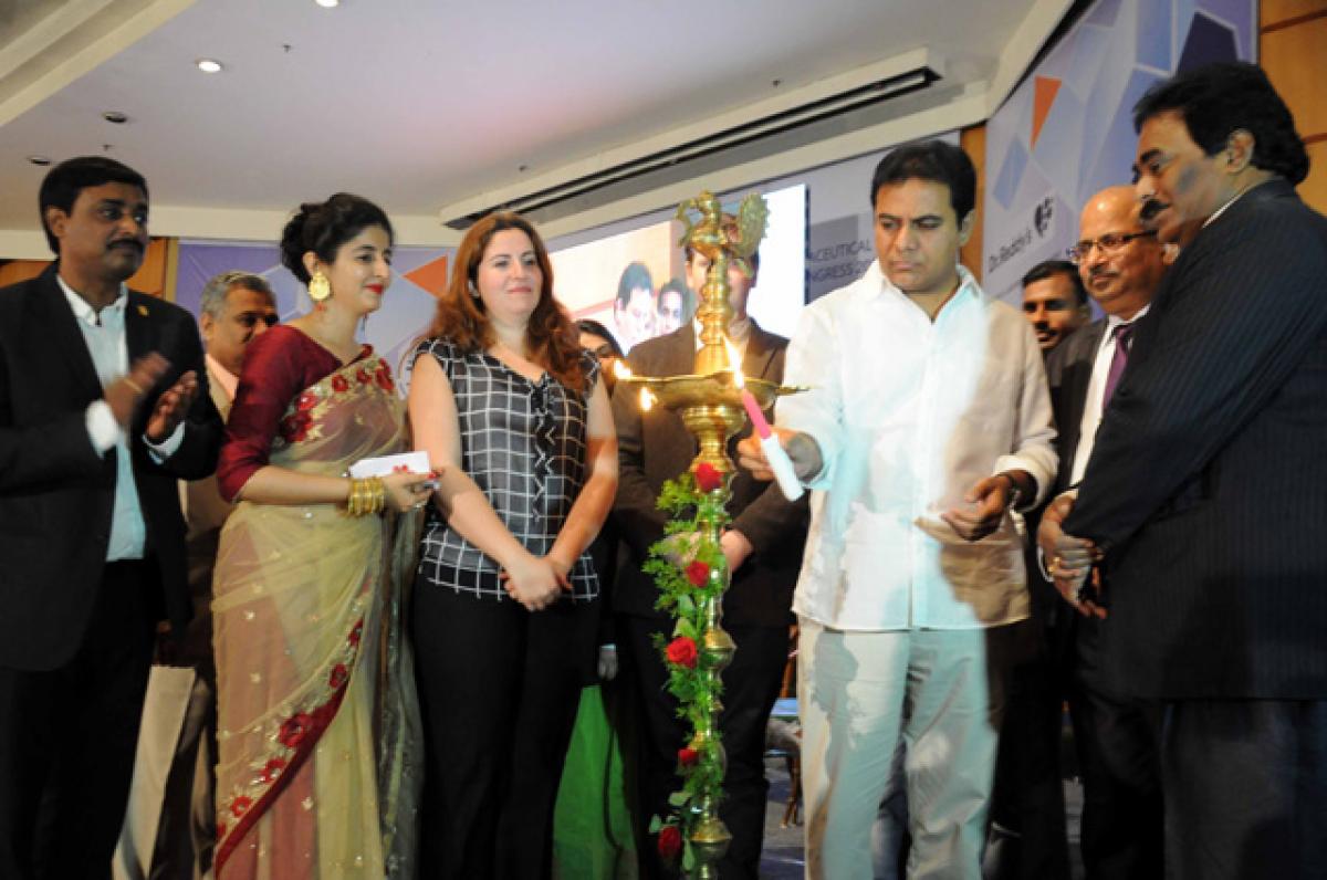 Information Technology Minister K T Rama rao lighting a lamp to mark inauguration of  the 61st International Pharmaceutical Students Federation world congress in Hyderabad on Friday. pharmacy Council of India president dr b Suresh, IPSF Chairperson Neha, IPSF president  Parand Akhavan and others seen. Photo: Mir Zulfequar Ali
